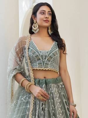  Dusty Green Thread Embroidered Net Lehenga Choli 5