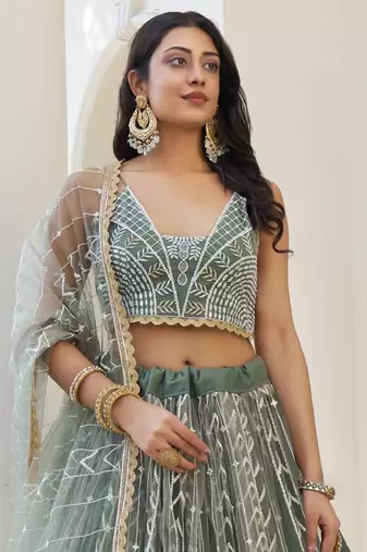  Dusty Green Thread Embroidered Net Lehenga Choli