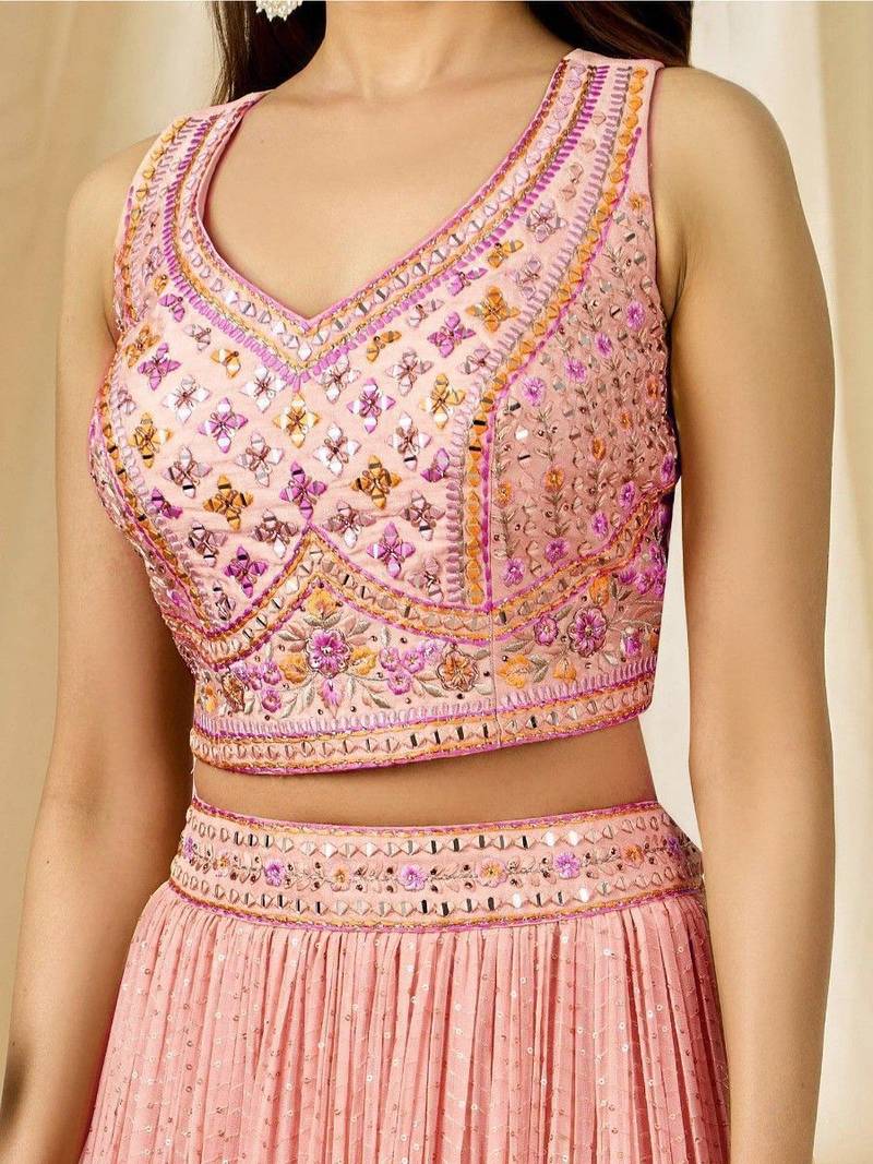 Light pink Thread Embroidered Georgette Wedding Wear Lehenga Choli