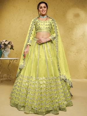 Lime Green Foil Work Net Indian Party Wear Lehenga Choli 1