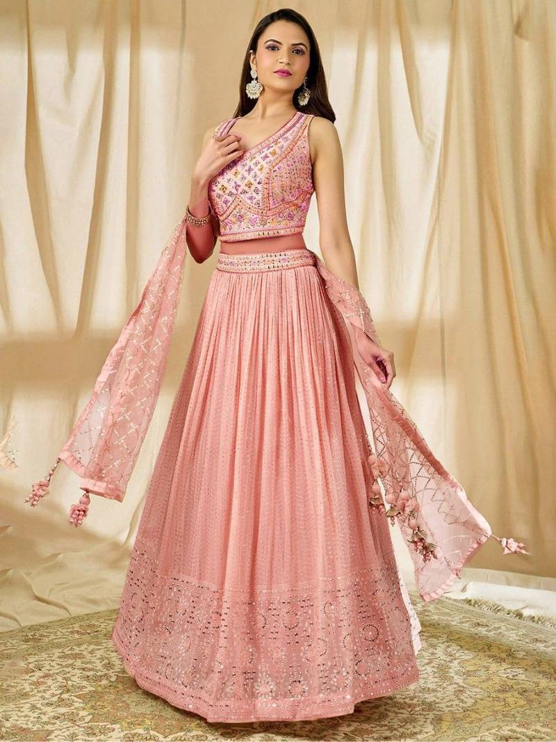 Light pink Thread Embroidered Georgette Wedding Wear Lehenga Choli
