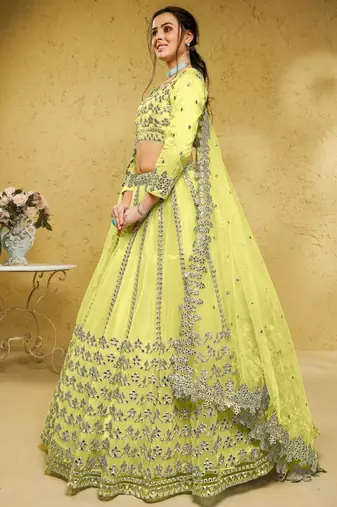 Lime Green Foil Work Net Indian Party Wear Lehenga Choli