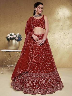  Red Sequins Embroidered Georgette Indian Wedding Lehenga Choli 1