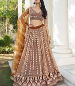Fascinating Brown Colored Thread Embroidered Net Indian Wedding Wear Lehenga Choli Designs