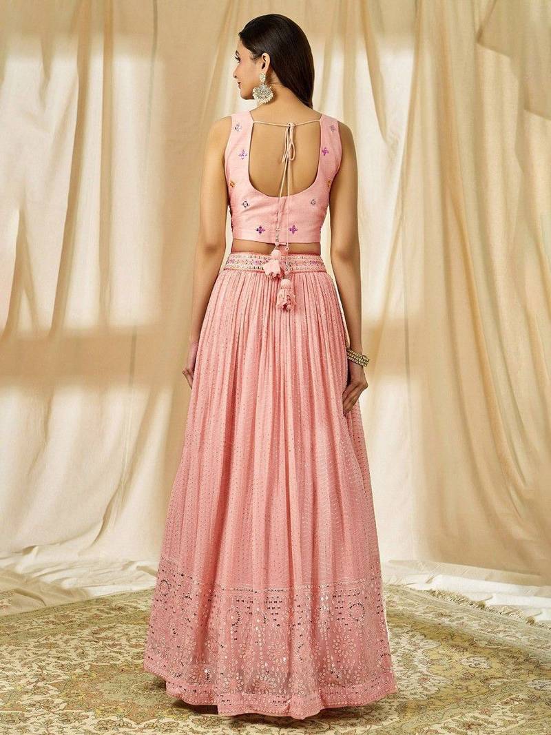 Light pink Thread Embroidered Georgette Wedding Wear Lehenga Choli