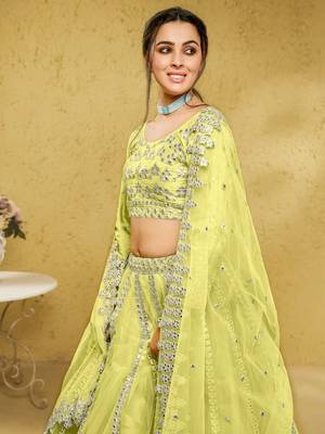 Lime Green Foil Work Net Indian Party Wear Lehenga Choli 3