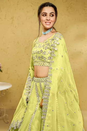 Lime Green Foil Work Net Indian Party Wear Lehenga Choli