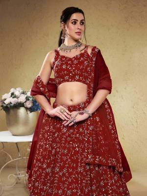  Red Sequins Embroidered Georgette Indian Wedding Lehenga Choli 2