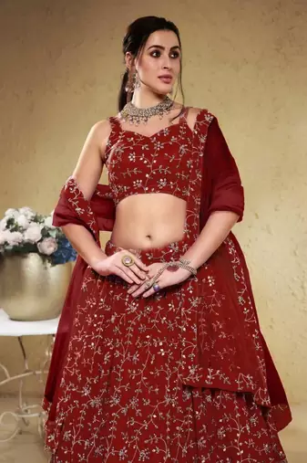  Red Sequins Embroidered Georgette Indian Wedding Lehenga Choli