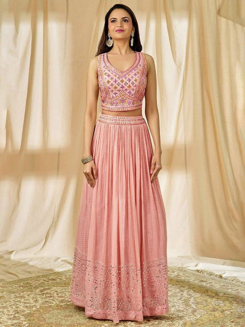 Light pink Thread Embroidered Georgette Wedding Wear Lehenga Choli