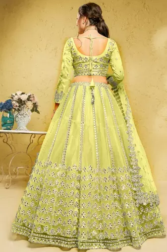 Lime Green Foil Work Net Indian Party Wear Lehenga Choli