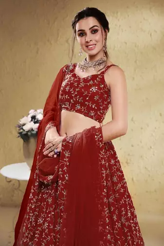  Red Sequins Embroidered Georgette Indian Wedding Lehenga Choli