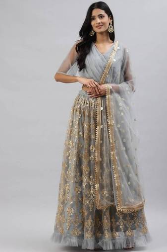  Grey Sequins Soft Net Party Wear Lehenga Choli Wedding Lehenga
