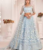 Magnificent Light Sky-Blue Butterfly Net Cotton Thread Embroidered Party Wear Lehenga Choli