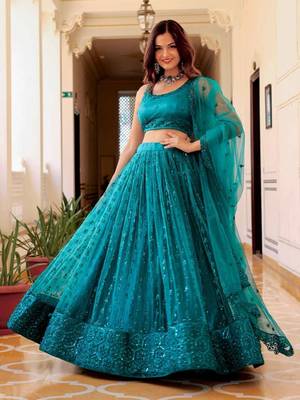 Dazzling Teal Green Sequins Embroidered Net Indian Lehenga Dress Designs 1