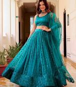 Dazzling Teal Green Sequins Embroidered Net Indian Lehenga Dress Designs