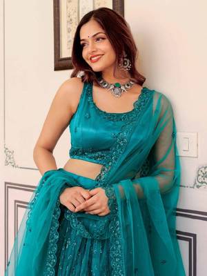 Dazzling Teal Green Sequins Embroidered Net Indian Lehenga Dress Designs 2