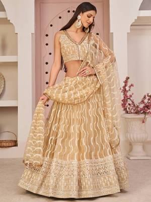  Beige Thread Embroidered Butterfly Net Wedding Lehenga Lehenga Choli 1