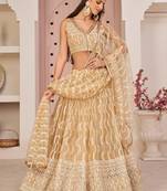  Beige Thread Embroidered Butterfly Net Wedding Lehenga Lehenga Choli