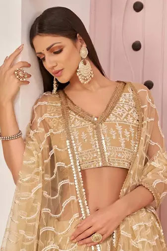  Beige Thread Embroidered Butterfly Net Wedding Lehenga Lehenga Choli