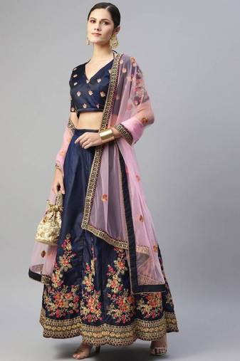 Adorable Blue Floral Embroidered Silk Wedding Lehenga Choli Wedding Lehenga