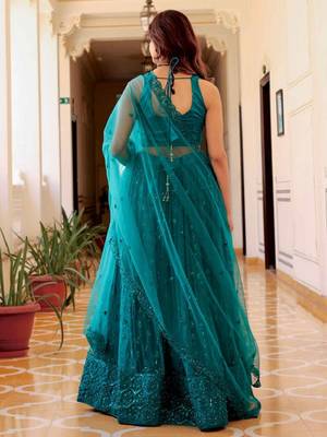 Dazzling Teal Green Sequins Embroidered Net Indian Lehenga Dress Designs 4