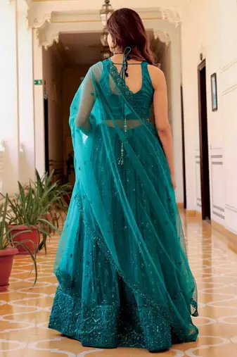 Dazzling Teal Green Sequins Embroidered Net Indian Lehenga Dress Designs