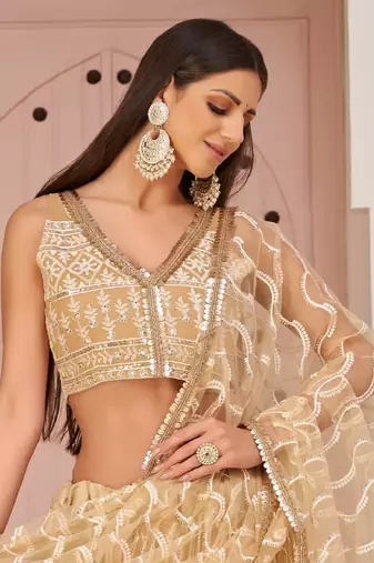  Beige Thread Embroidered Butterfly Net Wedding Lehenga Lehenga Choli