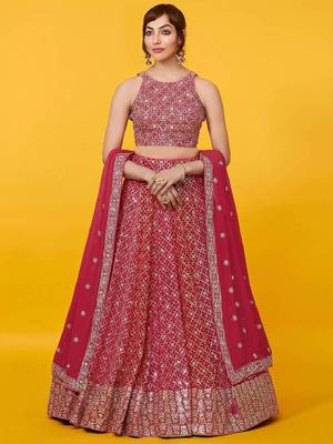  Red Sequins Georgette Engagement Wedding Party Wear Lehenga Choli 1