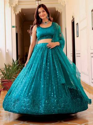 Dazzling Teal Green Sequins Embroidered Net Indian Lehenga Dress Designs 5
