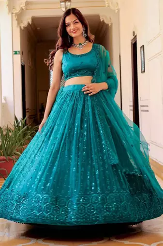 Dazzling Teal Green Sequins Embroidered Net Indian Lehenga Dress Designs