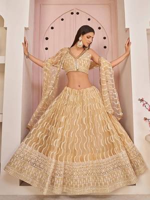  Beige Thread Embroidered Butterfly Net Wedding Lehenga Lehenga Choli 4