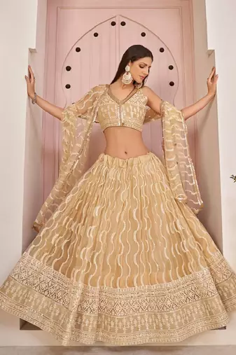  Beige Thread Embroidered Butterfly Net Wedding Lehenga Lehenga Choli