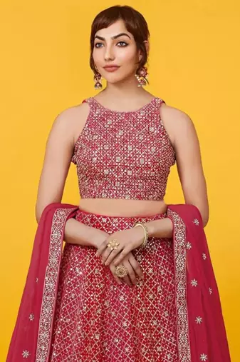  Red Sequins Georgette Engagement Wedding Party Wear Lehenga Choli
