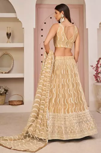  Beige Thread Embroidered Butterfly Net Wedding Lehenga Lehenga Choli
