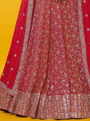  Red Sequins Georgette Engagement Wedding Party Wear Lehenga Choli 3