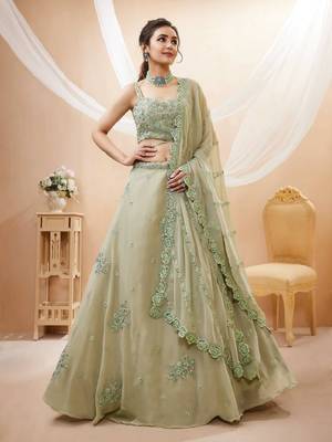 Pretty Pista-Green Sequins Georgette Indian Engagement Wear Lehenga Dress 1