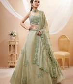 Pretty Pista-Green Sequins Georgette Indian Engagement Wear Lehenga Dress
