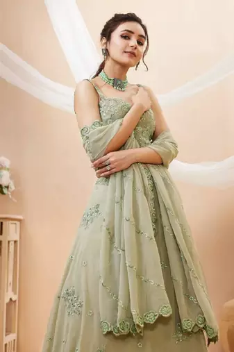 Pretty Pista-Green Sequins Georgette Indian Engagement Wear Lehenga Dress