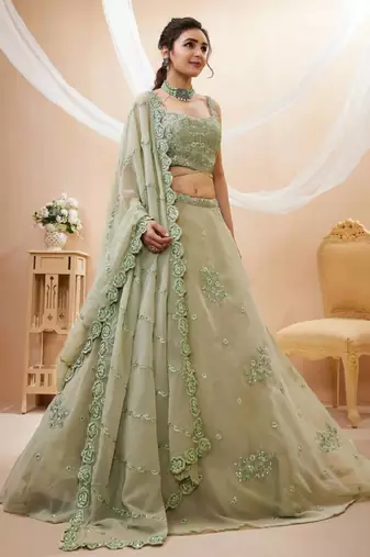 Pretty Pista-Green Sequins Georgette Indian Engagement Wear Lehenga Dress