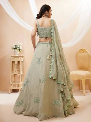 Pretty Pista-Green Sequins Georgette Indian Engagement Wear Lehenga Dress 4