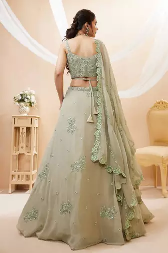 Pretty Pista-Green Sequins Georgette Indian Engagement Wear Lehenga Dress