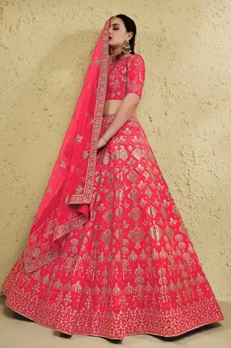Fascinating Peach Sequins And Thread Embroidered Silk Wedding Lehenga Choli Dress