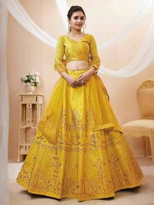 Wonderful Yellow Colored Sequins And Zari Embroidery Art Silk Indian Wedding Lehenga Choli And Dupatta Set Latest 1