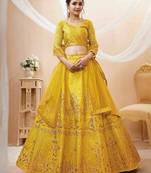 Wonderful Yellow Colored Sequins And Zari Embroidery Art Silk Indian Wedding Lehenga Choli And Dupatta Set Latest