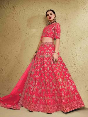 Fascinating Peach Sequins And Thread Embroidered Silk Wedding Lehenga Choli Dress 4