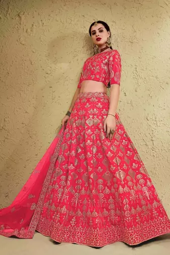 Fascinating Peach Sequins And Thread Embroidered Silk Wedding Lehenga Choli Dress