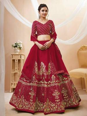 Fascinating Red Zari & Sequins Embroidered Silk Indian Wedding Lehenga Dress 1