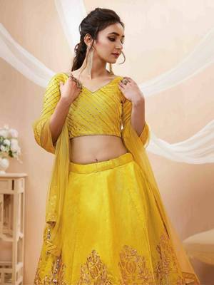 Wonderful Yellow Colored Sequins And Zari Embroidery Art Silk Indian Wedding Lehenga Choli And Dupatta Set Latest 2