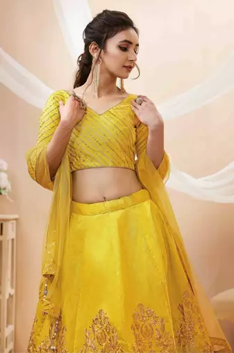Wonderful Yellow Colored Sequins And Zari Embroidery Art Silk Indian Wedding Lehenga Choli And Dupatta Set Latest